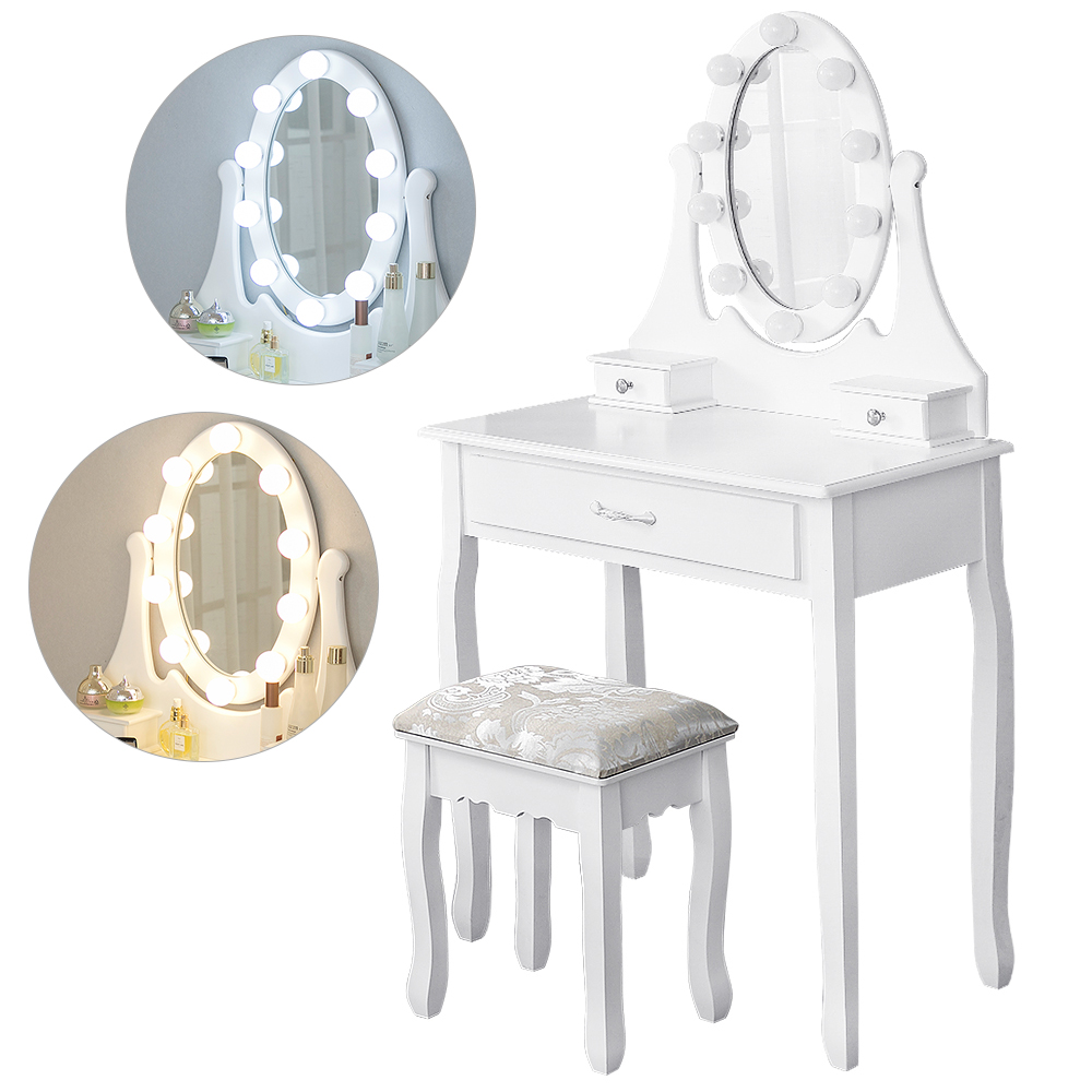  Blanche Coiffeuse en Bois Miroir Ovale avec 3 Tiroirs 1 Tabouret,Table de Maquillage avec Lumière LED